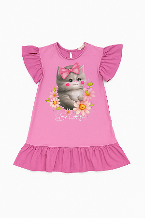 Vestido Feminino Infantil Rosa com Estampa Gato - Kukie - Ref 94020