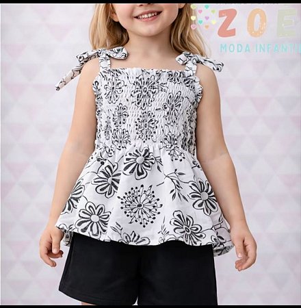 Conjunto Infantil Menina - Branco e Preto - Com Blusa Latex e Babados e Short