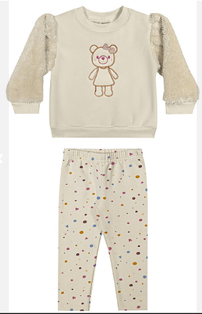 Abrigo Infantil Feminino Bebê Blusão Off Com Pelinho Manga Urso e Calça Legging Bolinha Flanelada - Elian - Ref 211678