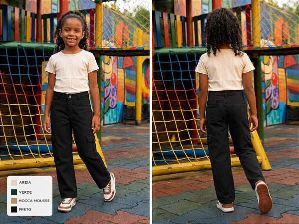 Calça Feminina Infantil - Wide Legging Bolsa Cargo Preta - Tiroliro - Ref TFC 5002