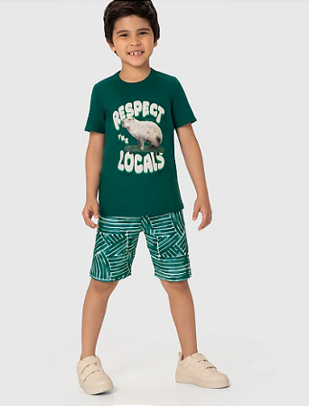 Conjunto Infantil Menino Camiseta E Bermuda Estampada Em Algodão Verde - Malwee Kids - Ref 127191