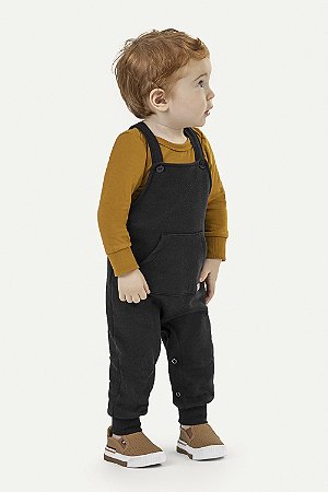 Jardineira Moletinho Bebê Menino Inverno AZul e Camiseta Manga Longa Bege - Colorittá - Ref 70125