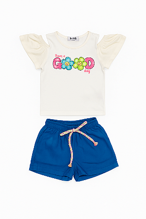 Conjunto Feminino Infantil Blusa Off e Short Sarja Azul - Kukie - Ref 93402