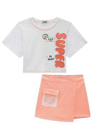 Conjunto Feminino Infantil de Blusa Boxy Over e Shorts Saia Kukie -Branco/Laranja REF61353
