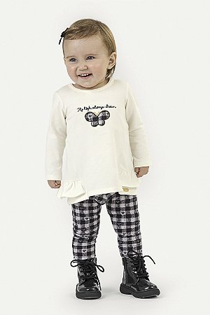 Conjunto Feminino Infantil Blusa Manga Longa Off/Preto e Calça Xadrez Preto/Br - Colorittá - Ref 71150