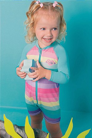 Macacão ML Feminino Infantil em Malha com Proteção UV Kukie -Azul/Colorido REF60889