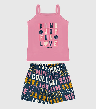 Conjunto Infantil Menina Regata Alça Rosa E Shorts Estampado Azul  Em Algodão - Malwee Kids - Ref 127273