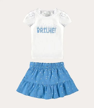 CONJUNTO INFANTIL MENINA BLUSA EM ALGODÃO E SAIA EM LINHO MALWEE KIDS - BRANCO REF112786