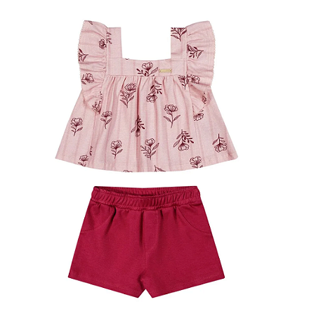 Conjunto Infantil Menina Floral Babados - Colorittá - Rosa/Marsala - Ref 73272