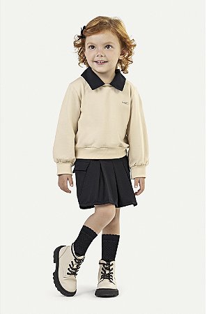 Conjunto Feminino Infantil Blusa Moletom Manga Longa Bege com Gola Preta, Saia Preta e Meia Calça Preta - Colorittá - Ref 73243