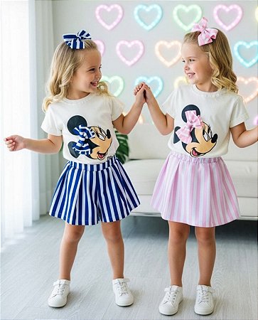 Conjunto Infantil Menina - Minnie - Off Rosa - Blusa e Short Saia - Zara