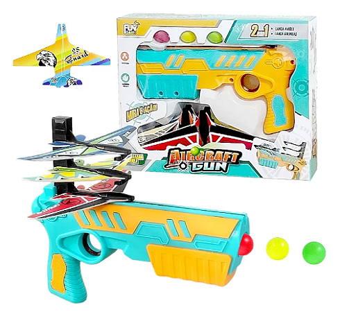 Pistola Lança Aviões E Bolinhas - Nerf Infantil Aircraft Gun Verde E Laranja
