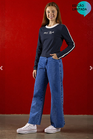 Calça Jeans Feminina Infantil Wide Legging Com Detalhe - Elian Beats - Ref 271742