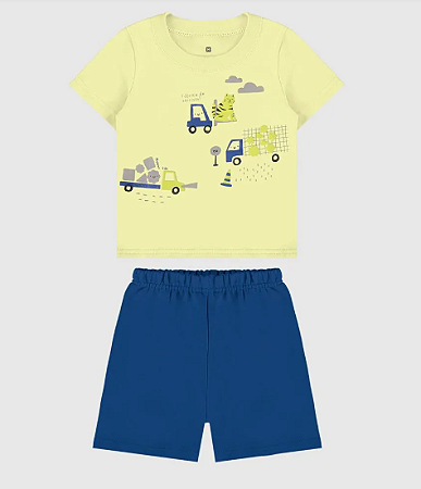 Conjunto Infantil Menino Camiseta  Amarela Estampada + Bermuda Azul Em Algodão - Malwee Kids - Ref 127353