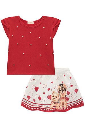 Conjunto Feminino Infantil Blusa Boxy Regata e Saia Infanti -Vermelho/Branco REF60064