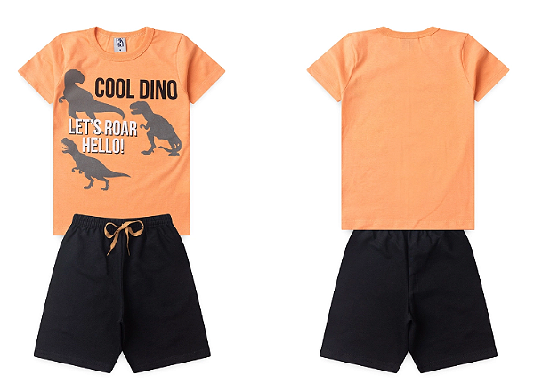 Conjunto Masculino Infantil Dinossauro - Camiseta Laranja e Bermuda Preta