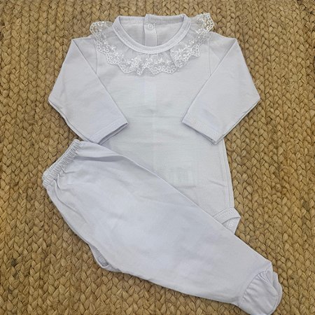 Conjunto Bebe Menina Com Body Gola Bordada e Mijão Com Pezinho - Bilu Teteia