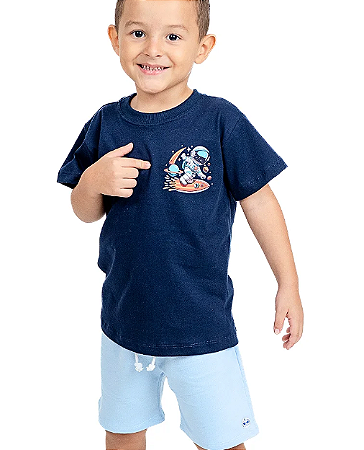 Conjunto Masculino Infantil Camiseta Aazul Marinho Astronauta e Bermuda Moletinho Azul Claro - Marca do Robô