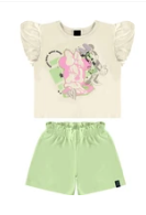Conjunto Disney Infantil Feminino Minnie Mouse Clochard Off White/Verde - Malwee Kids - Ref 130040