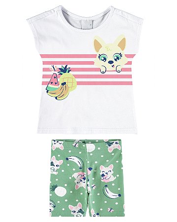 Conjunto Feminino infantil Blusa Gatinho Branca e Short Coton Verde Malwee - Ref 101455