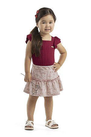 Conjunto Infantil Feminino com Regata em Moletinho Canelado e Saia em Malha Linho Estampada - Colorittá - Ref 73284