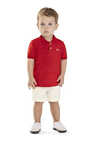 Conjunto Masculino Infantil Camisete Polo Vermelha e Bermuda Sarja Off - Coloritta - Ref 72226