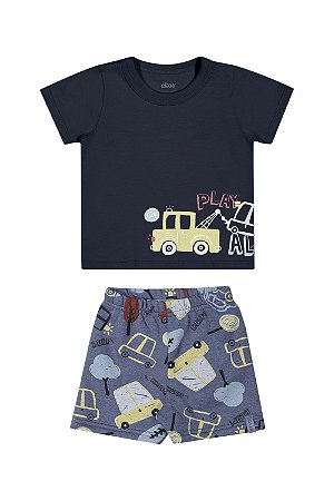 Conjunto Bebê Menino Camiseta Azul Manga Curta e Short Moletinho Carrinho Verão - Elian - Ref 201237