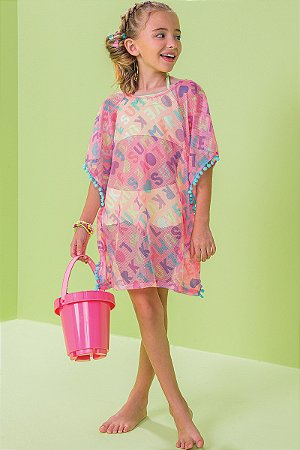 Saída de Praia Feminina Infantil em Tela Fashion Kukie -Rosa/Colorido REF60695