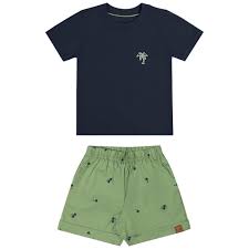 Conjunto Masculino Infantil Manga Curta Em Meia Malha E Tricoline Com elastano - Ref 201259 - Elian