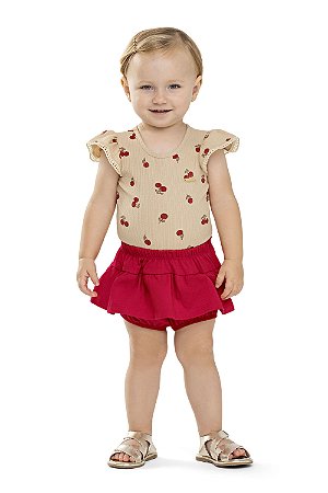 Conjunto Feminino Infantil Body Bege com flor Vermelha e Short Saia Vermelha - Colorittá - Ref 71213