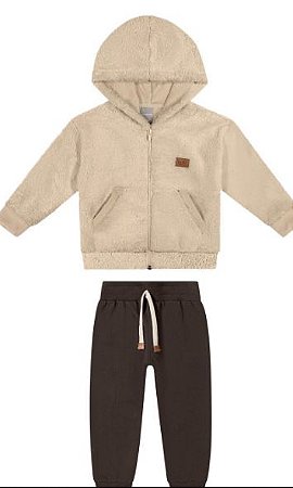 Abrigo Conjunto Infantil Menino - Jaqueta Ziper e Capuz Pelúcia - Colorittá - Bege/Marrom - Ref 72271