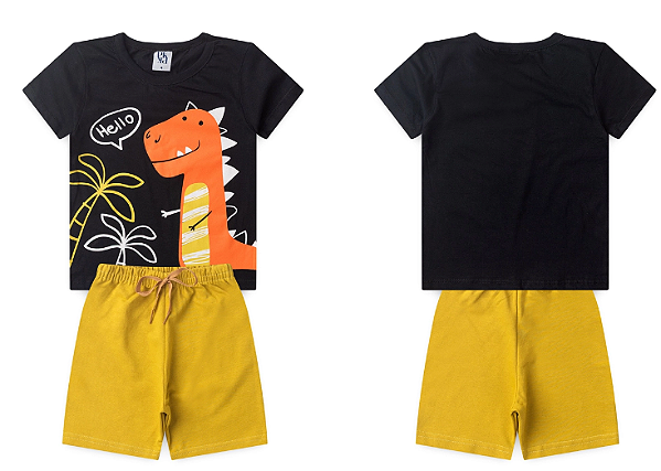 Conjunto Masculino Infantil - Dinossauro - Camiseta Preto e Bermuda Moleton Amarela