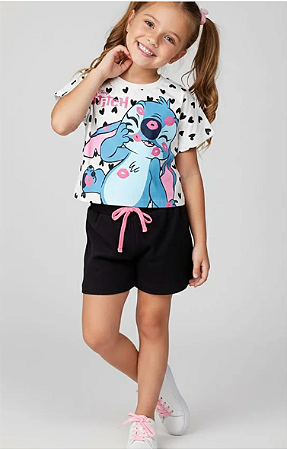 Conjunto Infantil Feminino - Blusa Box Stitch e Short Moletinho - Stitch Disney - Off e Preto