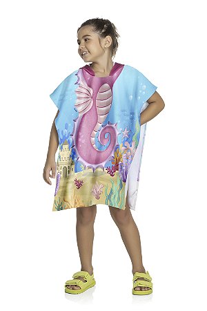 Toalha De Praia Infantil Feminina Com Capuz Estampa Cavalo Marinho Rosa - Ref 221518 - Elian