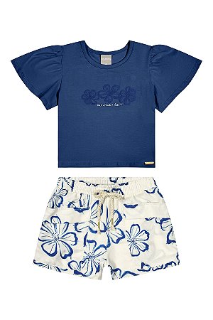Conjunto Feminino Infantil Blusa Azul e Short Branco Estampado - Coloritta - Ref 75334