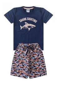 Conjunto Infantil Masculino Avistando O Tubarão - Camiseta Azul e Bermuda Tactel Tubarão