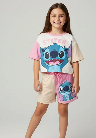 Conjunto Infantil Feminino - Blusa Box e Shorts - Stitch - 2 Cores