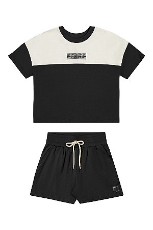 Conjunto Feminino Juvenil Manga Curta Preto\Off - Ref 271521 - Elian