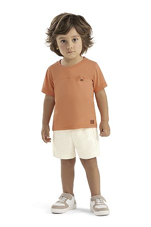 Conjunto Infantil Masculino com Camiseta Laranja em Meia Malha e Bermuda Off em Moletinho Linho - Colorittá - Ref 72194
