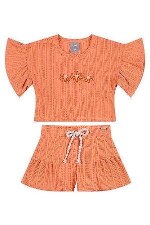 Conjunto Infantil Feminino - Blusa Laranja Flor e Short Canelado - Colorittá - Ref 73432