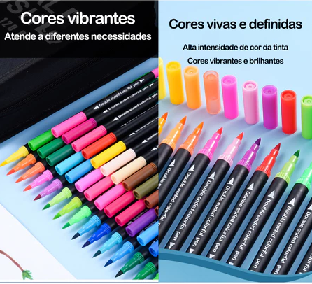 Kit 60 Canetinhas Cores - Caneta 2 em 1 - Brush Lettering e Ponta Fina - Dual Pen - Canetinha Colorir Desenho