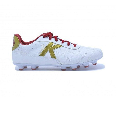 Chuteira Kelmer Campo Couro Branco/Vermelho Masculino