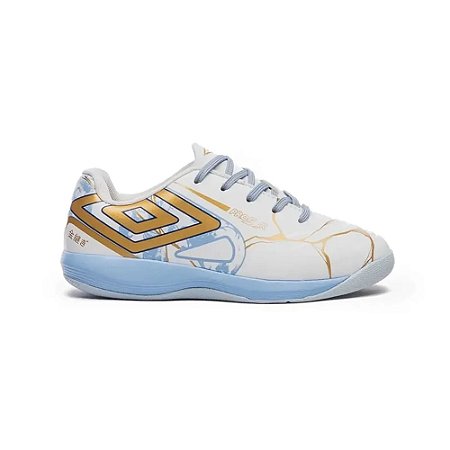 Chuteira Umbro Pro Jr Kintsugi Branco/Azul Claro Infantil