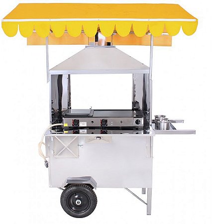 Carrinho de Lanche com Caixa Térmica, Baú de Mantimentos, Vitrine e Vidro Temperado