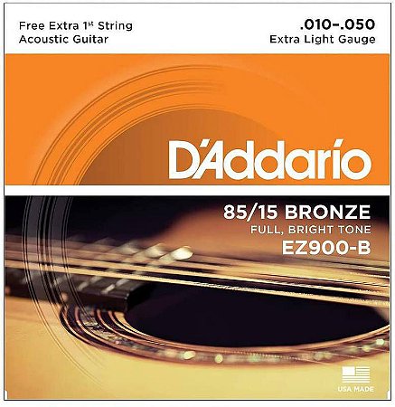 Encordoamento D'Addario EZ900-B 85/15 Violão Aço 10-50, Corda Extra