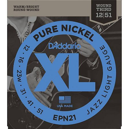 Encordoamento D'Addario EPN21 Pure Nickel Guitarra Jazz, Leve 12-51