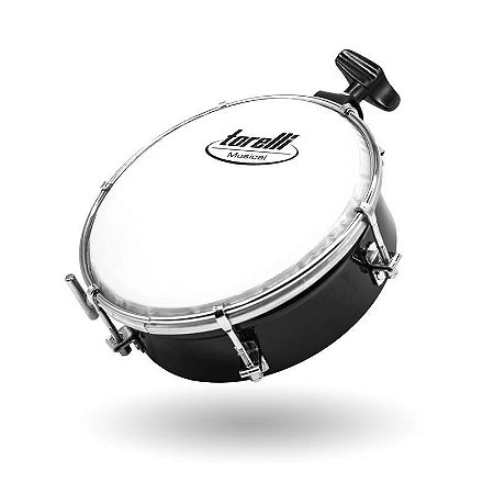 Tamborim com Esteira Preto Torelli - Corpo de Aço Cromado com Suporte p/ Clam Pele Leitosa