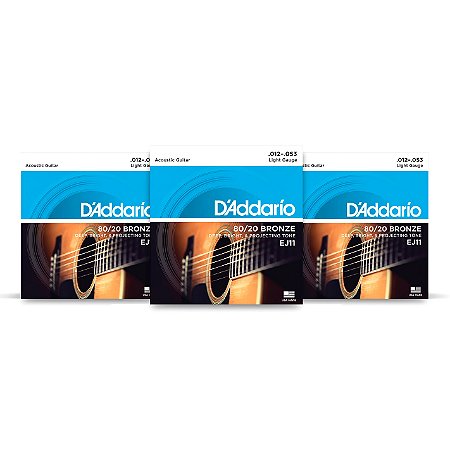 Kit com 3 - Encordoamentos D’Addario EJ11 80/20 Bronze Violão Aço 12–53