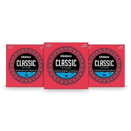 Kit c/ 3 Encordoamentos D'Addario EJ27H Violão Nylon Transparente, Tensão Alta