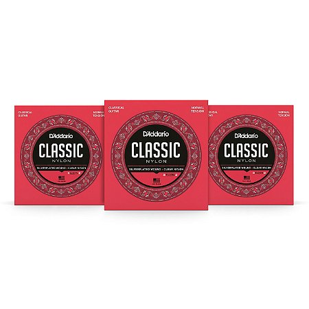 Kit c/ 3 Encordoamentos D'Addario EJ27N Violão Nylon Transparente, Tensão Normal